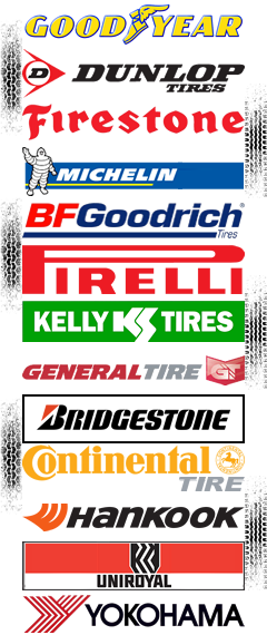 Tires Goodyear, Dunlop, Firestone, Michelin, BF Goodrich, Pirelli, Kelly, General, Bridgestone, Firestone, Continental, Hankook, Uniroyal, Yokohama