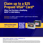 NAPA battery rebate: up to $25 prepaid card on a qualifying NAPA or AAA battery, July 1 to August 31, 2026
