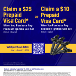 NAPA ignition coil rebate: prepaid card on a full ignition coil set, July 1 to August 31, 2026