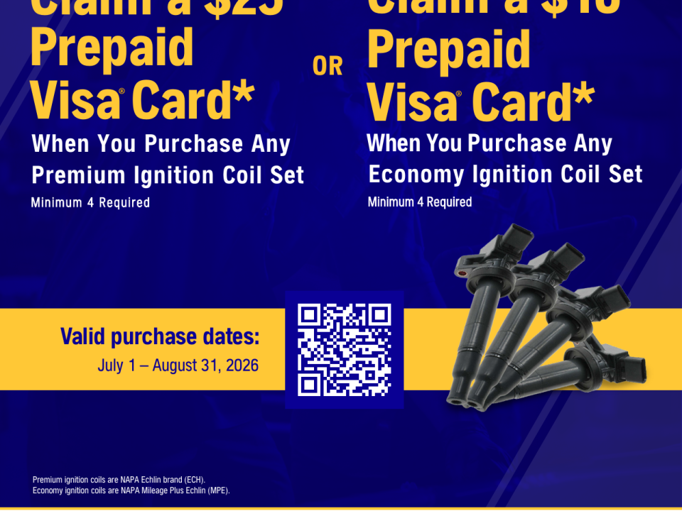 NAPA ignition coil rebate: prepaid card on a full ignition coil set, July 1 to August 31, 2026